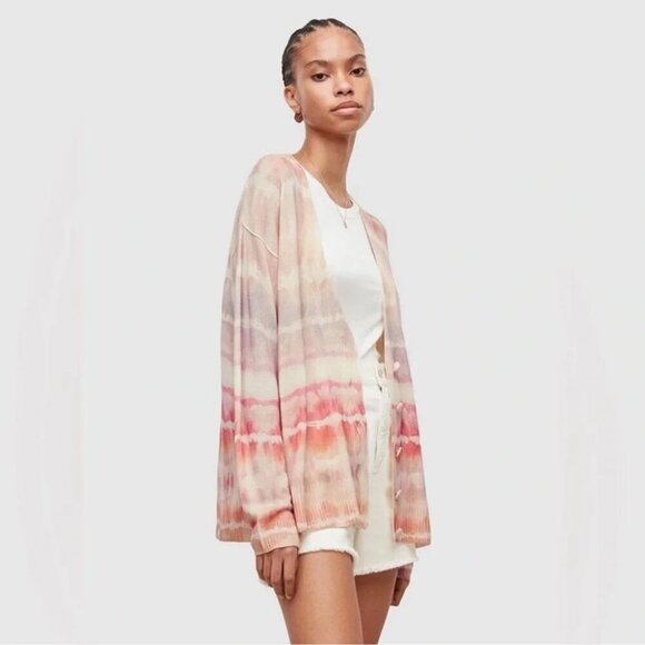 Allsaints Marea Tie Dye Cardigan Sweater Merino Wool Rainbow Pink Cream New M - Picture 15 of 16